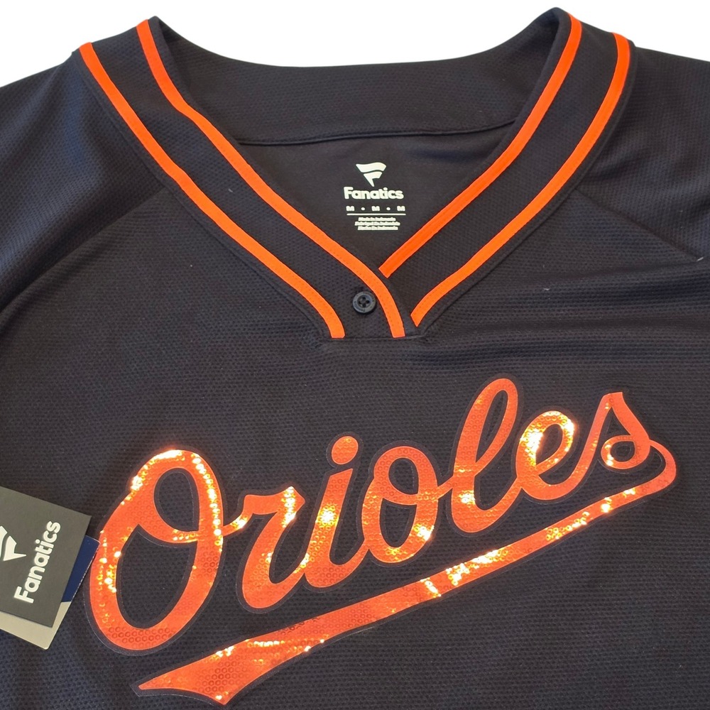 Fanatics Womens Baltimore Orioles Baseball Jersey Black Orange Glitter Logo M